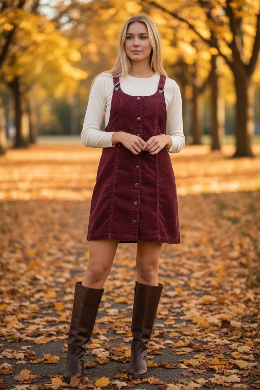 Celebrity Pink Corduroy Overall Dress Large Burgundy Button Front Pinafore Y2K